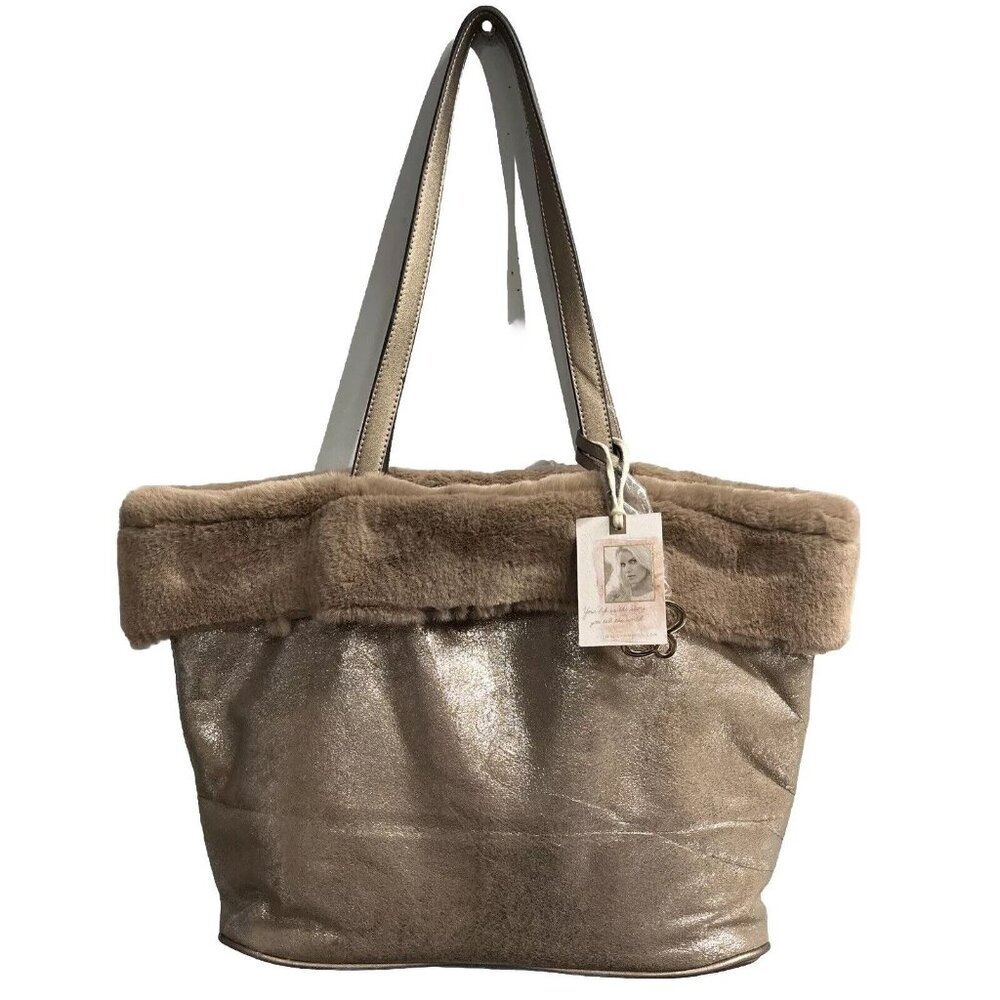 Jessica Simpson Tote Taupe Flora Fur Lined‎ Metallic Handbag Matching Wallet